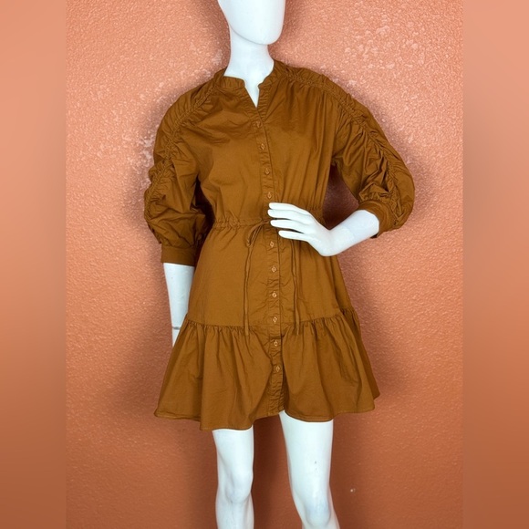 Astr The Label Ruched Flounce Shirtdress Long Sleeve Buttoned brown Small.  E32 - Picture 7 of 17